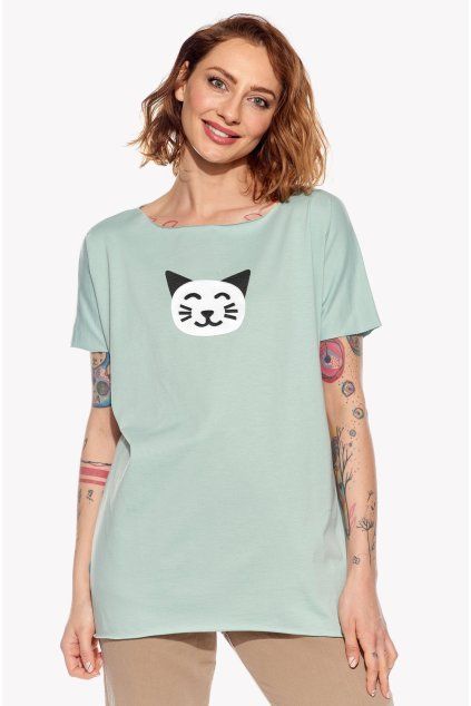 Ela, Dámske tričko oversize, Mentolové, Mačka (Veľkosť XXS)